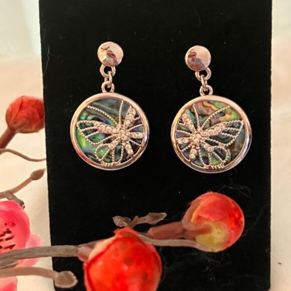 Abalone Earrings with White Sapphire Butterfly NWOT - Picture 1 of 7